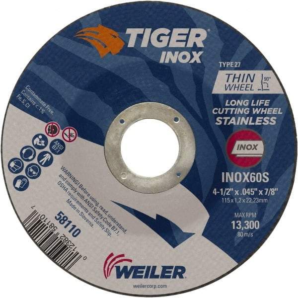 Weiler - 60 Grit, 4-1/2" Wheel Diam, 7/8" Arbor Hole, Type 27 Depressed Center Wheel - Medium Grade, Aluminum Oxide, Resinoid Bond, S Hardness, 13,300 Max RPM - Industrial Tool & Supply