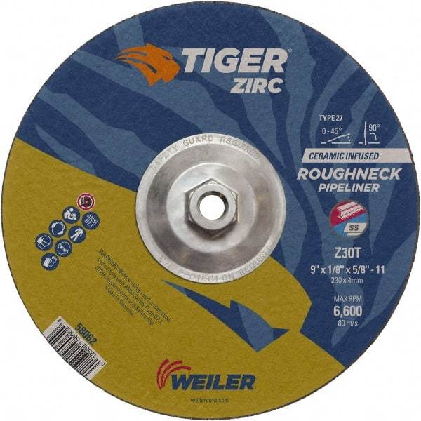 Weiler - 30 Grit, 9" Wheel Diam, 1/8" Wheel Thickness, Type 27 Depressed Center Wheel - Medium Grade, Zirconia Alumina, Resinoid Bond, T Hardness, 6,600 Max RPM - Industrial Tool & Supply