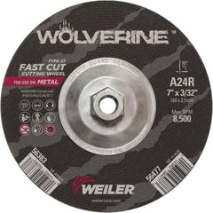 Weiler - 24 Grit, 7" Wheel Diam, 3/32" Wheel Thickness, Type 27 Depressed Center Wheel - Coarse Grade, Aluminum Oxide, Resinoid Bond, R Hardness, 8,500 Max RPM - Industrial Tool & Supply