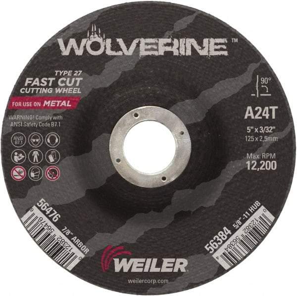 Weiler - 24 Grit, 5" Wheel Diam, 3/32" Wheel Thickness, 7/8" Arbor Hole, Type 27 Depressed Center Wheel - Coarse Grade, Aluminum Oxide, Resinoid Bond, T Hardness, 12,200 Max RPM - Industrial Tool & Supply