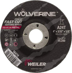 Weiler - 24 Grit, 4" Wheel Diam, 3/32" Wheel Thickness, 5/8" Arbor Hole, Type 27 Depressed Center Wheel - Coarse Grade, Aluminum Oxide, Resinoid Bond, T Hardness, 15,200 Max RPM - Industrial Tool & Supply