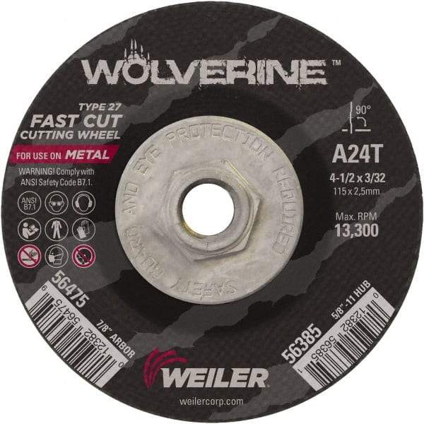 Weiler - 24 Grit, 4-1/2" Wheel Diam, 3/32" Wheel Thickness, Type 27 Depressed Center Wheel - Coarse Grade, Aluminum Oxide, Resinoid Bond, T Hardness, 13,300 Max RPM - Industrial Tool & Supply