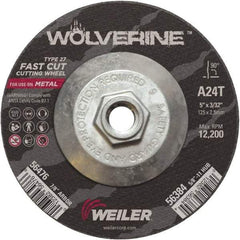 Weiler - 24 Grit, 5" Wheel Diam, 3/32" Wheel Thickness, Type 27 Depressed Center Wheel - Coarse Grade, Aluminum Oxide, Resinoid Bond, T Hardness, 12,200 Max RPM - Industrial Tool & Supply