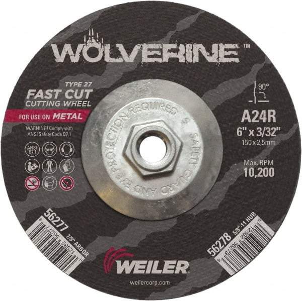 Weiler - 24 Grit, 6" Wheel Diam, 3/32" Wheel Thickness, Type 27 Depressed Center Wheel - Coarse Grade, Aluminum Oxide, Resinoid Bond, R Hardness, 10,200 Max RPM - Industrial Tool & Supply