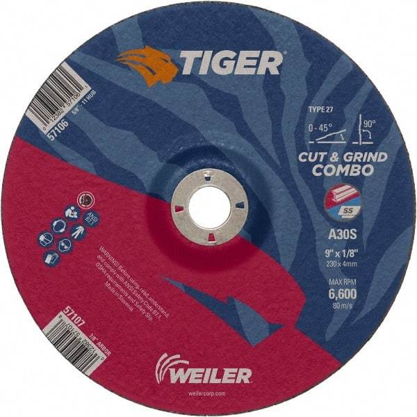 Weiler - 30 Grit, 9" Wheel Diam, 1/8" Wheel Thickness, 7/8" Arbor Hole, Type 27 Depressed Center Wheel - Medium Grade, Aluminum Oxide, Resinoid Bond, S Hardness, 6,600 Max RPM - Industrial Tool & Supply