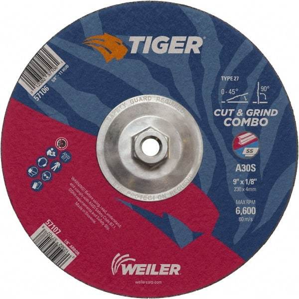 Weiler - 30 Grit, 9" Wheel Diam, 1/8" Wheel Thickness, Type 27 Depressed Center Wheel - Medium Grade, Aluminum Oxide, Resinoid Bond, S Hardness, 6,600 Max RPM - Industrial Tool & Supply