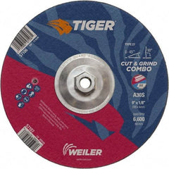 Weiler - 30 Grit, 9" Wheel Diam, 1/8" Wheel Thickness, Type 27 Depressed Center Wheel - Medium Grade, Aluminum Oxide, Resinoid Bond, S Hardness, 6,600 Max RPM - Industrial Tool & Supply