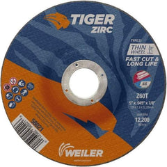 Weiler - 60 Grit, 5" Wheel Diam, 7/8" Arbor Hole, Type 27 Depressed Center Wheel - Medium Grade, Zirconia Alumina, Resinoid Bond, T Hardness, 12,200 Max RPM - Industrial Tool & Supply