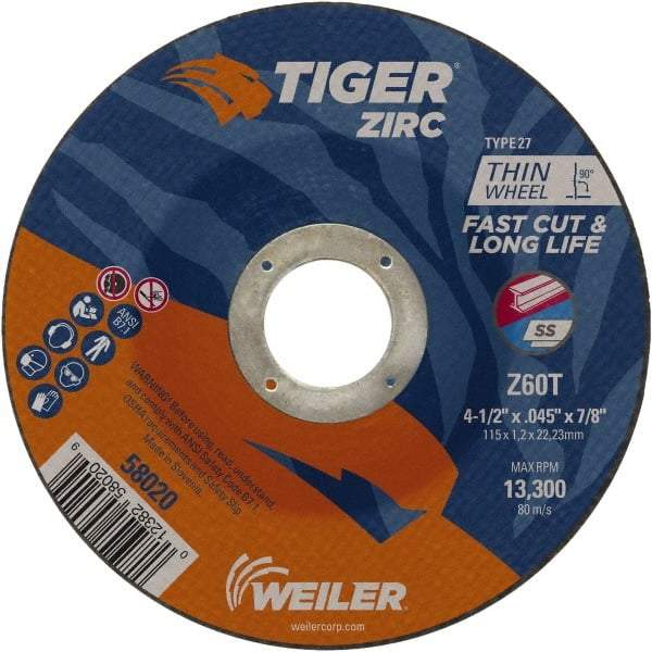 Weiler - 60 Grit, 4-1/2" Wheel Diam, 7/8" Arbor Hole, Type 27 Depressed Center Wheel - Medium Grade, Zirconia Alumina, Resinoid Bond, T Hardness, 13,300 Max RPM - Industrial Tool & Supply