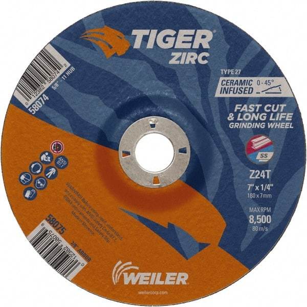 Weiler - 24 Grit, 7" Wheel Diam, 1/4" Wheel Thickness, 7/8" Arbor Hole, Type 27 Depressed Center Wheel - Coarse Grade, Zirconia Alumina, Resinoid Bond, T Hardness, 8,500 Max RPM - Industrial Tool & Supply