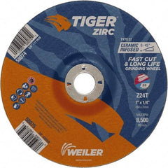 Weiler - 24 Grit, 7" Wheel Diam, 1/4" Wheel Thickness, 7/8" Arbor Hole, Type 27 Depressed Center Wheel - Coarse Grade, Zirconia Alumina, Resinoid Bond, T Hardness, 8,500 Max RPM - Industrial Tool & Supply