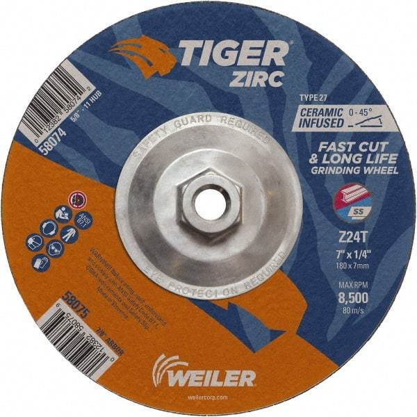 Weiler - 24 Grit, 7" Wheel Diam, 1/4" Wheel Thickness, Type 27 Depressed Center Wheel - Coarse Grade, Zirconia Alumina, Resinoid Bond, T Hardness, 8,500 Max RPM - Industrial Tool & Supply