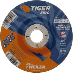 Weiler - 24 Grit, 5" Wheel Diam, 1/4" Wheel Thickness, 7/8" Arbor Hole, Type 27 Depressed Center Wheel - Coarse Grade, Zirconia Alumina, Resinoid Bond, T Hardness, 12,200 Max RPM - Industrial Tool & Supply