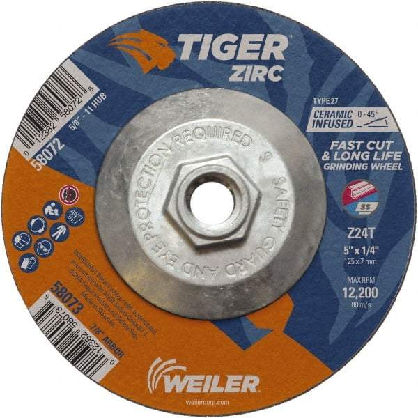 Weiler - 24 Grit, 5" Wheel Diam, 1/4" Wheel Thickness, Type 27 Depressed Center Wheel - Coarse Grade, Zirconia Alumina, Resinoid Bond, T Hardness, 12,200 Max RPM - Industrial Tool & Supply