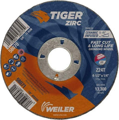 Weiler - 24 Grit, 4-1/2" Wheel Diam, 1/4" Wheel Thickness, 7/8" Arbor Hole, Type 27 Depressed Center Wheel - Coarse Grade, Zirconia Alumina, Resinoid Bond, T Hardness, 13,300 Max RPM - Industrial Tool & Supply