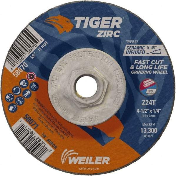 Weiler - 24 Grit, 4-1/2" Wheel Diam, 1/4" Wheel Thickness, Type 27 Depressed Center Wheel - Coarse Grade, Zirconia Alumina, Resinoid Bond, T Hardness, 13,300 Max RPM - Industrial Tool & Supply