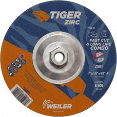 Weiler - 30 Grit, 7" Wheel Diam, 1/8" Wheel Thickness, Type 27 Depressed Center Wheel - Medium Grade, Zirconia Alumina, Resinoid Bond, T Hardness, 8,500 Max RPM - Industrial Tool & Supply