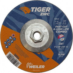 Weiler - 30 Grit, 6" Wheel Diam, 1/8" Wheel Thickness, Type 27 Depressed Center Wheel - Medium Grade, Zirconia Alumina, Resinoid Bond, T Hardness, 10,200 Max RPM - Industrial Tool & Supply