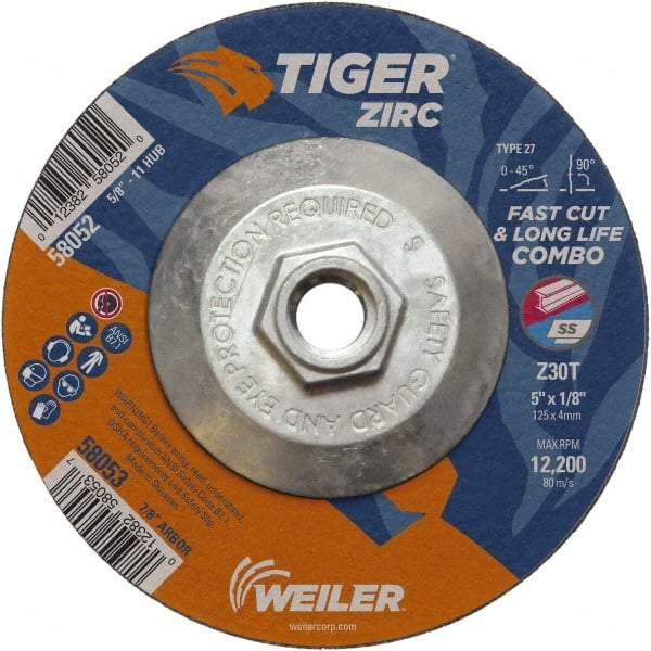 Weiler - 30 Grit, 5" Wheel Diam, 1/8" Wheel Thickness, Type 27 Depressed Center Wheel - Medium Grade, Zirconia Alumina, Resinoid Bond, T Hardness, 12,200 Max RPM - Industrial Tool & Supply