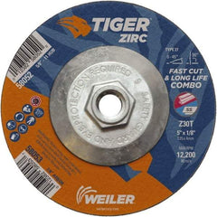 Weiler - 30 Grit, 5" Wheel Diam, 1/8" Wheel Thickness, Type 27 Depressed Center Wheel - Medium Grade, Zirconia Alumina, Resinoid Bond, T Hardness, 12,200 Max RPM - Industrial Tool & Supply