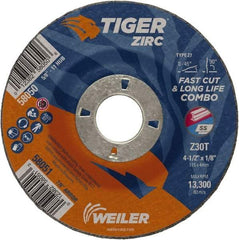 Weiler - 30 Grit, 4-1/2" Wheel Diam, 1/8" Wheel Thickness, 7/8" Arbor Hole, Type 27 Depressed Center Wheel - Medium Grade, Zirconia Alumina, Resinoid Bond, T Hardness, 13,300 Max RPM - Industrial Tool & Supply