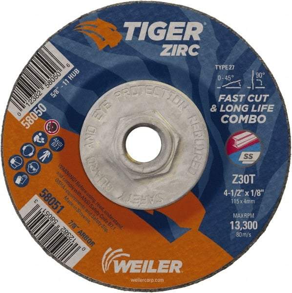 Weiler - 30 Grit, 4-1/2" Wheel Diam, 1/8" Wheel Thickness, Type 27 Depressed Center Wheel - Medium Grade, Zirconia Alumina, Resinoid Bond, T Hardness, 13,300 Max RPM - Industrial Tool & Supply