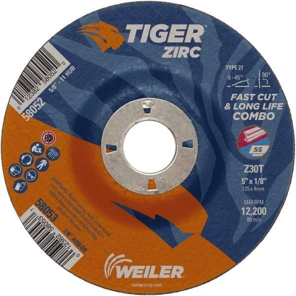 Weiler - 30 Grit, 5" Wheel Diam, 1/8" Wheel Thickness, 7/8" Arbor Hole, Type 27 Depressed Center Wheel - Medium Grade, Zirconia Alumina, Resinoid Bond, T Hardness, 12,200 Max RPM - Industrial Tool & Supply