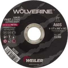 Weiler - 60 Grit, 4-1/2" Wheel Diam, 7/8" Arbor Hole, Type 27 Depressed Center Wheel - Medium Grade, Aluminum Oxide, Resinoid Bond, S Hardness, 13,300 Max RPM - Industrial Tool & Supply