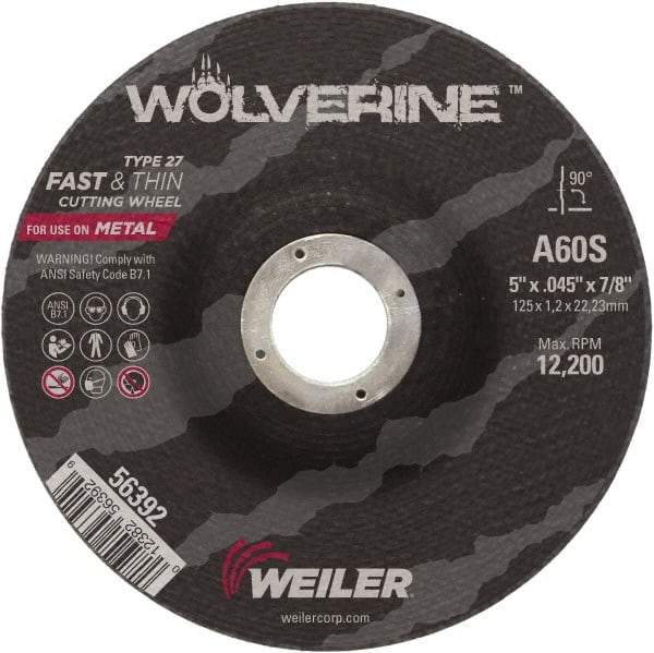 Weiler - 60 Grit, 5" Wheel Diam, 7/8" Arbor Hole, Type 27 Depressed Center Wheel - Medium Grade, Aluminum Oxide, Resinoid Bond, S Hardness, 12,200 Max RPM - Industrial Tool & Supply