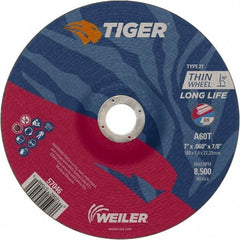 Weiler - 60 Grit, 7" Wheel Diam, 7/8" Arbor Hole, Type 27 Depressed Center Wheel - Medium Grade, Aluminum Oxide, Resinoid Bond, T Hardness, 8,500 Max RPM - Industrial Tool & Supply