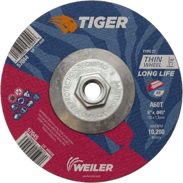 Weiler - 60 Grit, 6" Wheel Diam, Type 27 Depressed Center Wheel - Medium Grade, Aluminum Oxide, Resinoid Bond, T Hardness, 10,200 Max RPM - Industrial Tool & Supply