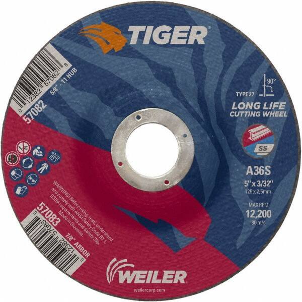 Weiler - 60 Grit, 5" Wheel Diam, 3/32" Wheel Thickness, 7/8" Arbor Hole, Type 27 Depressed Center Wheel - Medium Grade, Aluminum Oxide, Resinoid Bond, T Hardness, 12,200 Max RPM - Industrial Tool & Supply