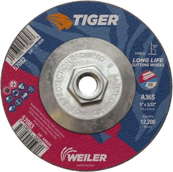 Weiler - 60 Grit, 5" Wheel Diam, 3/32" Wheel Thickness, Type 27 Depressed Center Wheel - Medium Grade, Aluminum Oxide, Resinoid Bond, T Hardness, 12,200 Max RPM - Industrial Tool & Supply