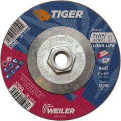 Weiler - 60 Grit, 5" Wheel Diam, Type 27 Depressed Center Wheel - Medium Grade, Aluminum Oxide, Resinoid Bond, T Hardness, 12,200 Max RPM - Industrial Tool & Supply