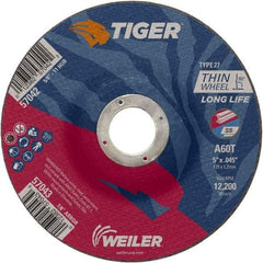 Weiler - 60 Grit, 5" Wheel Diam, 7/8" Arbor Hole, Type 27 Depressed Center Wheel - Medium Grade, Aluminum Oxide, Resinoid Bond, T Hardness, 12,200 Max RPM - Industrial Tool & Supply