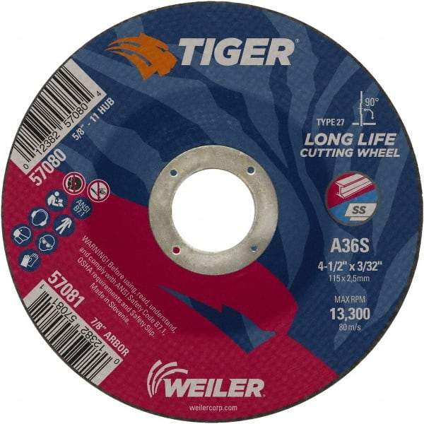 Weiler - 60 Grit, 4-1/2" Wheel Diam, 3/32" Wheel Thickness, 7/8" Arbor Hole, Type 27 Depressed Center Wheel - Medium Grade, Aluminum Oxide, Resinoid Bond, T Hardness, 13,300 Max RPM - Industrial Tool & Supply