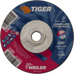 Weiler - 60 Grit, 4-1/2" Wheel Diam, 3/32" Wheel Thickness, Type 27 Depressed Center Wheel - Medium Grade, Aluminum Oxide, Resinoid Bond, T Hardness, 13,300 Max RPM - Industrial Tool & Supply