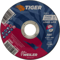 Weiler - 60 Grit, 4-1/2" Wheel Diam, Type 27 Depressed Center Wheel - Medium Grade, Aluminum Oxide, Resinoid Bond, T Hardness, 13,300 Max RPM - Industrial Tool & Supply