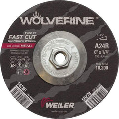 Weiler - 24 Grit, 6" Wheel Diam, 1/4" Wheel Thickness, Type 27 Depressed Center Wheel - Coarse Grade, Aluminum Oxide, Resinoid Bond, R Hardness, 10,200 Max RPM - Industrial Tool & Supply