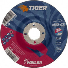 Weiler - 24 Grit, 5" Wheel Diam, 1/4" Wheel Thickness, 7/8" Arbor Hole, Type 27 Depressed Center Wheel - Coarse Grade, Aluminum Oxide, Resinoid Bond, R Hardness, 12,200 Max RPM - Industrial Tool & Supply