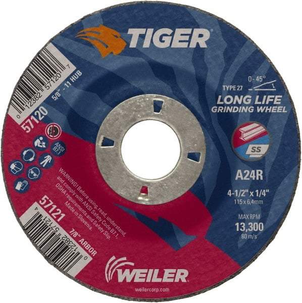 Weiler - 24 Grit, 4-1/2" Wheel Diam, 1/4" Wheel Thickness, 7/8" Arbor Hole, Type 27 Depressed Center Wheel - Coarse Grade, Aluminum Oxide, Resinoid Bond, R Hardness, 13,300 Max RPM - Industrial Tool & Supply