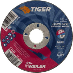 Weiler - 24 Grit, 4-1/2" Wheel Diam, 1/4" Wheel Thickness, 7/8" Arbor Hole, Type 27 Depressed Center Wheel - Coarse Grade, Aluminum Oxide, Resinoid Bond, R Hardness, 13,300 Max RPM - Industrial Tool & Supply