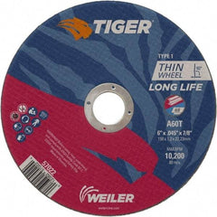 Weiler - 6" 60 Grit Aluminum Oxide Cutoff Wheel - 0.045" Thick, 7/8" Arbor, 10,200 Max RPM, Use with Angle Grinders - Industrial Tool & Supply