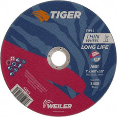 Weiler - 7" 60 Grit Aluminum Oxide Cutoff Wheel - 0.045" Thick, 7/8" Arbor, 8,500 Max RPM, Use with Angle Grinders - Industrial Tool & Supply