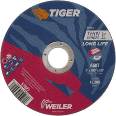 Weiler - 5" 60 Grit Aluminum Oxide Cutoff Wheel - 0.045" Thick, 7/8" Arbor, 12,200 Max RPM, Use with Angle Grinders - Industrial Tool & Supply