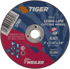 Weiler - 3" 36 Grit Aluminum Oxide Cutoff Wheel - 1/16" Thick, 3/8" Arbor, 25,000 Max RPM, Use with Die Grinders - Industrial Tool & Supply