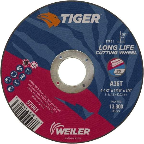 Weiler - 4-1/2" 60 Grit Aluminum Oxide Cutoff Wheel - 1/16" Thick, 7/8" Arbor, 13,300 Max RPM, Use with Angle Grinders - Industrial Tool & Supply