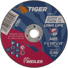 Weiler - 3" 60 Grit Aluminum Oxide Cutoff Wheel - 0.035" Thick, 3/8" Arbor, 25,000 Max RPM, Use with Die Grinders - Industrial Tool & Supply