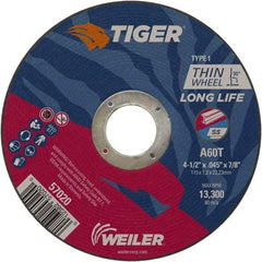 Weiler - 4-1/2" 60 Grit Aluminum Oxide Cutoff Wheel - 0.045" Thick, 7/8" Arbor, 13,300 Max RPM, Use with Angle Grinders - Industrial Tool & Supply