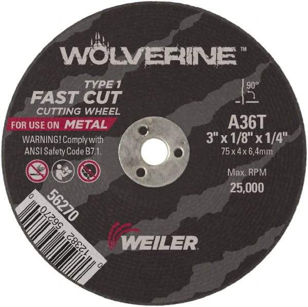 Weiler - 3" 36 Grit Aluminum Oxide Cutoff Wheel - 1/8" Thick, 1/4" Arbor, 25,000 Max RPM, Use with Die Grinders - Industrial Tool & Supply